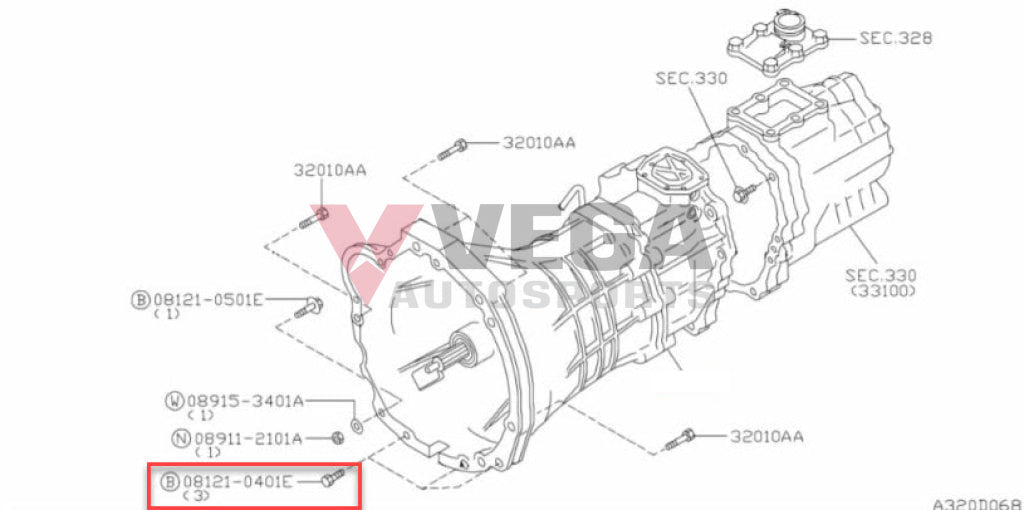 Transmission Bellhousing Lower Bolt to suit Nissan RB26 Gearbox 08121 Vega Autosports
