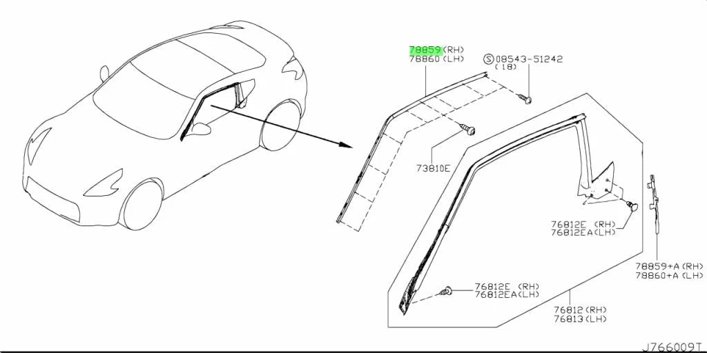 Upper Weatherstrip Retainer Rhs To Suit Nissan 370Z Z34 76870 - 1Ea0A Body Mouldings / Seals