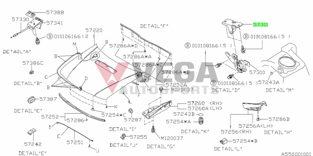 Bonnet Striker Lock to suit Subaru Impreza WRX 92-07 GC8 GD 57311AA000 Exterior