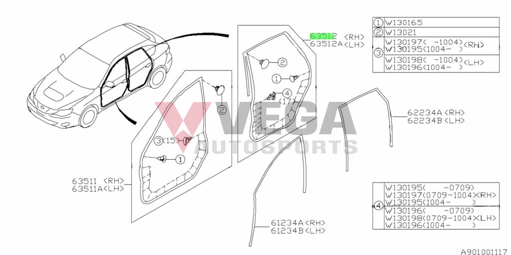 Door Weatherstrip Rear Rhs To Suit Subaru Impreza Wrx Gv / Gr 2008 - 2014 63512Fg000 Body Mouldings