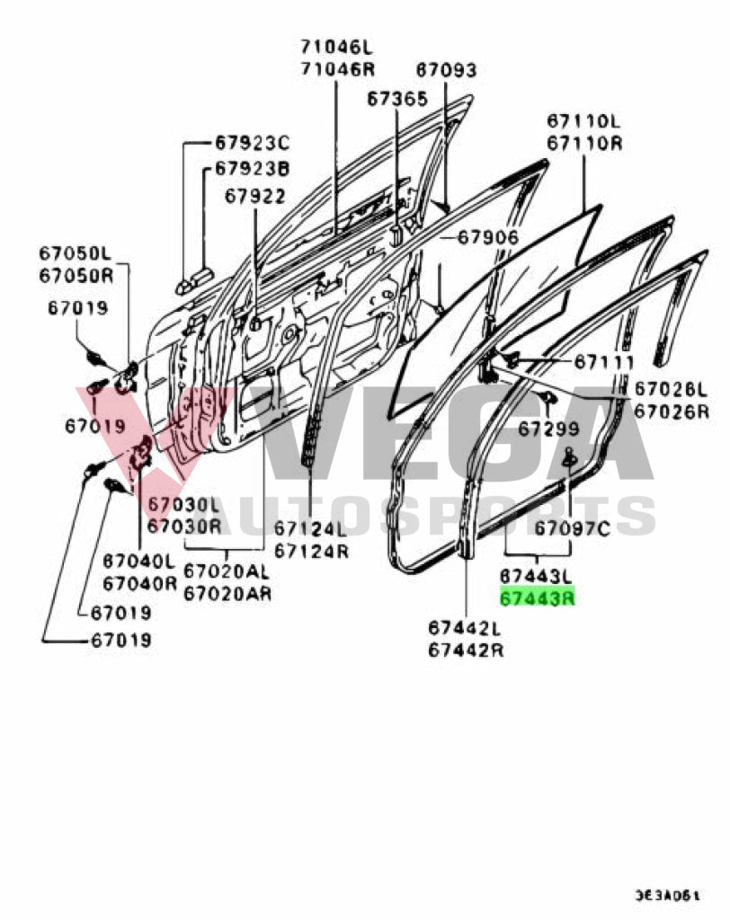 Front Door Weatherstrip RHS to suit Mitsubishi Lancer Evolution 1 / 2 / 3 MR101188 Body Mouldings / Seals