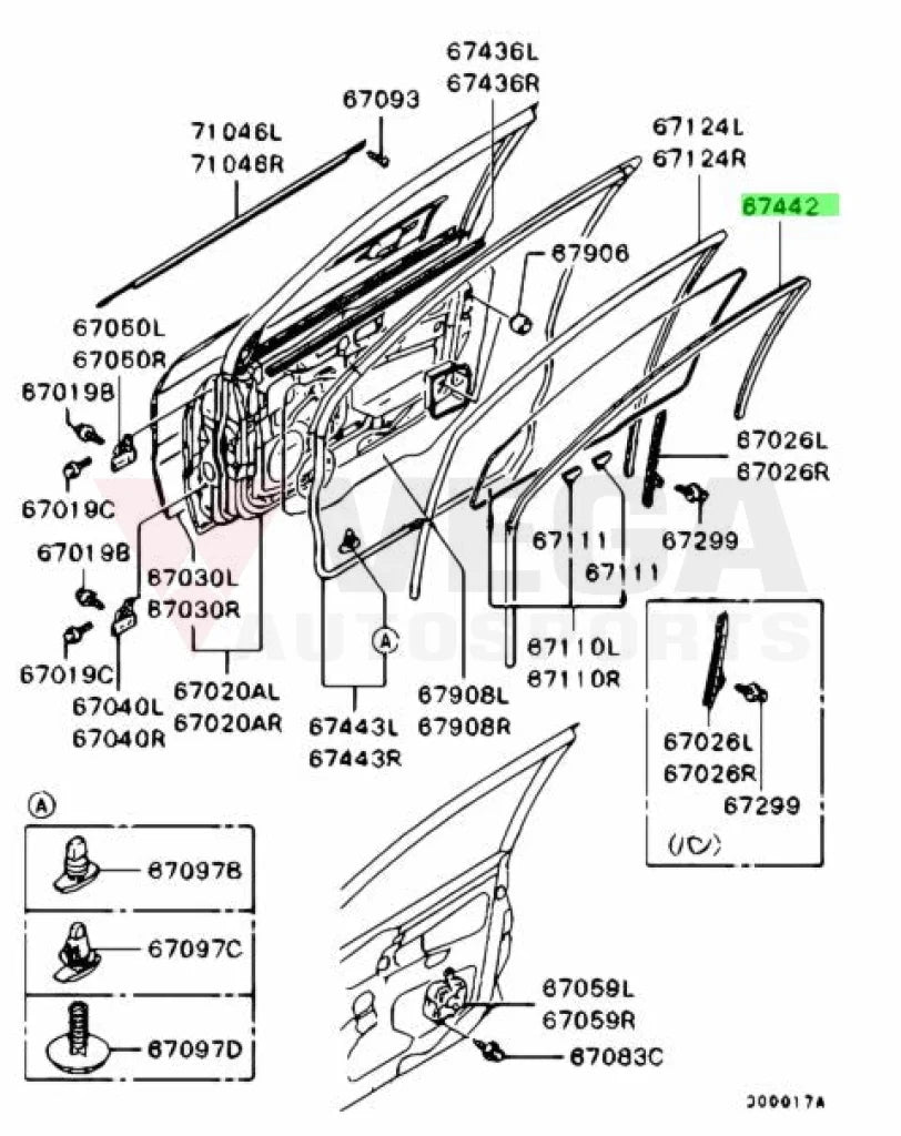 Front Door Welt Strip Seal RHS / LHS Set to suit Mitsubishi Lancer Evolution 7 / 8 / 9 CT9A - Interior