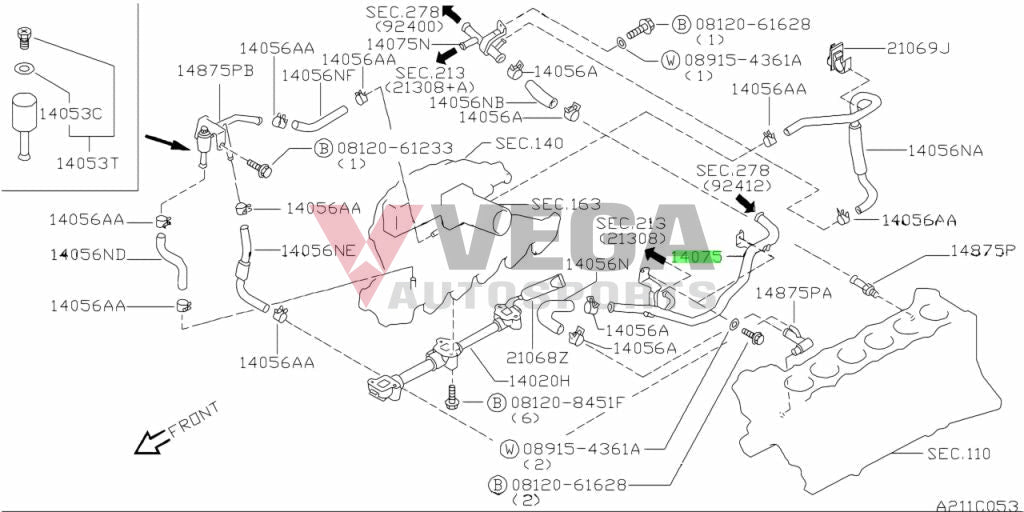 Front Heater Return Pipe Assembly (Rb25) To Suit Nissan Skyline R33 Gts-T / R34 Gtt 14053-21U10