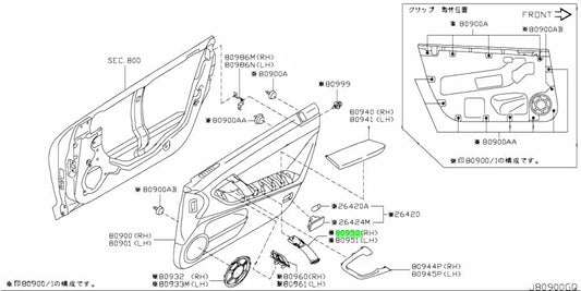 Front Interior Door Handle RHS to suit Nissan R35 GTR 2009-2011 Models 80968-JF00A Interior