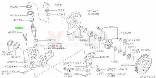 Front Steering Knuckle Kingpin to suit Nissan 300ZX Z32, Skyline R32 GT-R / GTS-4, R33 GT-R / GTS-4, R34 GT-R / 25GT-4 40022-60U05 - Vega Autosports