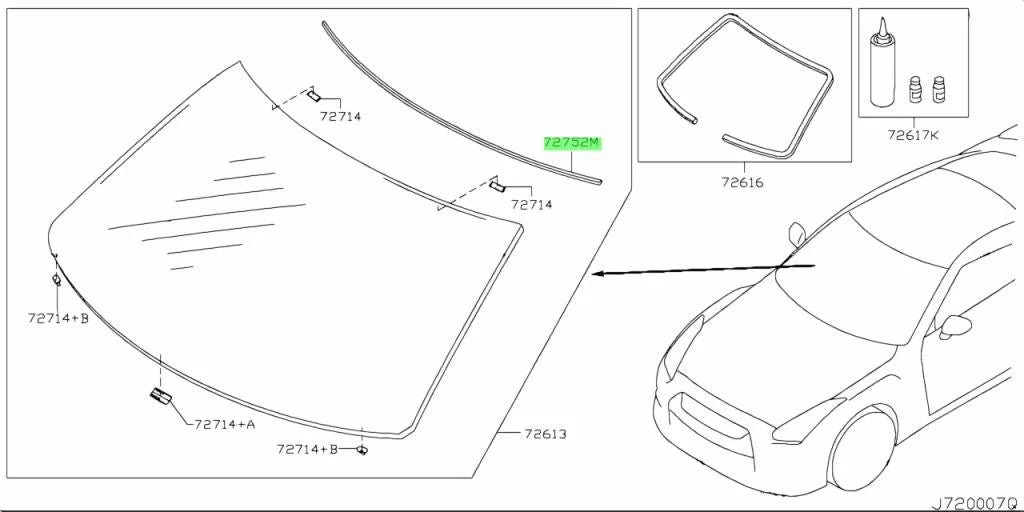 Front Upper Windscreen Moulding To Suit Nissan R35 Gtr 72752-Jf01A Exterior