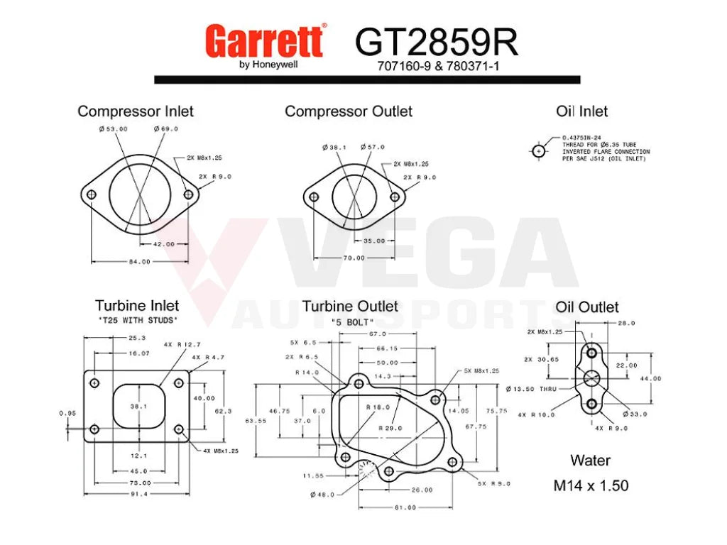 GARRETT GT2859R TURBOCHARGER (AKA GTR -9'S) G836026-5002S to suit Nissan Skyline R32 GTR / R33 GTR / R34 GTR - Vega Autosports