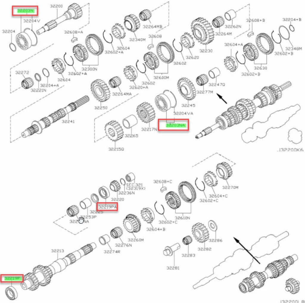 Gearbox Main Shaft And Countershaft Bearing Set (4-Piece) To Suit Nissan 350Z Cd009/Cd00A Gearboxes