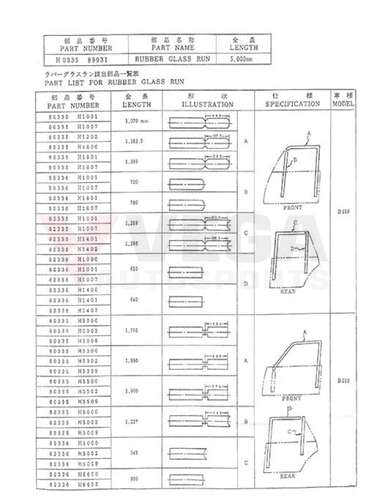 Glass Run Channel Rubber 5m Length to suit DATSUN 1200 B110 B210 510 610 130 C30 H0335-89931 Body Mouldings / Seals