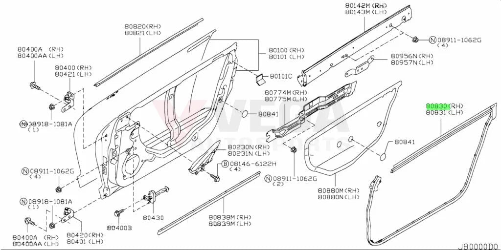 Lower Door Weatherstrip Rhs To Suit Nissan R35 Gtr 80830-62B0A Body Mouldings / Seals