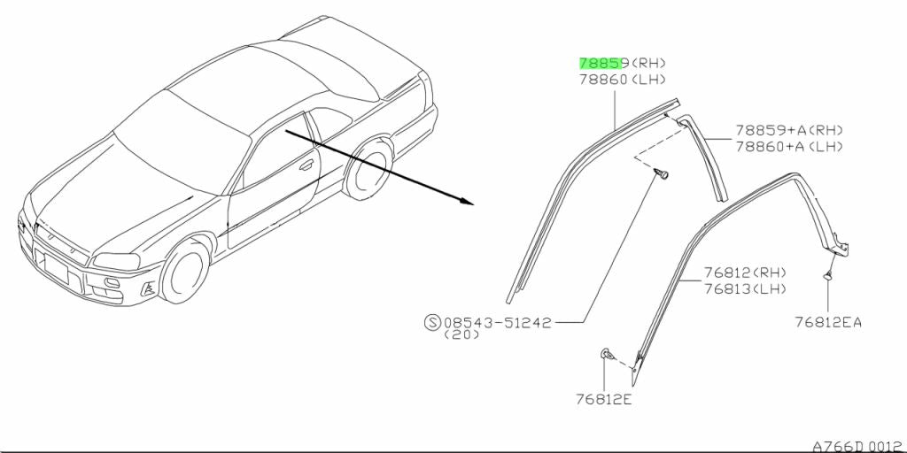 Upper Weatherstrip Retainer RHS to suit Nissan Skyline R34 Coupe Models 76870-AA101 - Vega Autosports