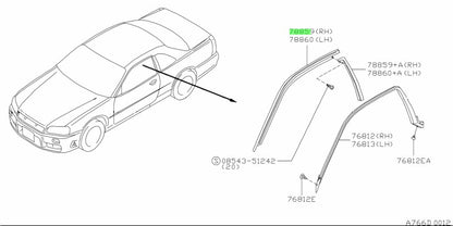 Upper Weatherstrip Retainer RHS to suit Nissan Skyline R34 Coupe Models 76870-AA101 - Vega Autosports