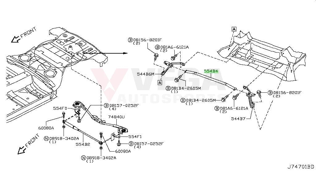 Rear Chassis Brace Assembly (3-Piece) To Suit Nissan 370Z Nismo 554B6-6Ga0A / 554B7-6Ga0A Interior