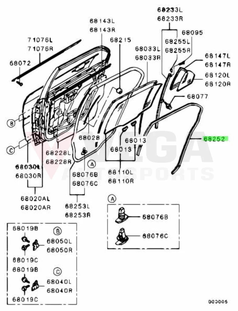 Rear Door Welt Strip Seal RHS to suit Mitsubishi Lancer Evolution 7 / 8 / 9 CT9A MN169654 Body Mouldings / Seals