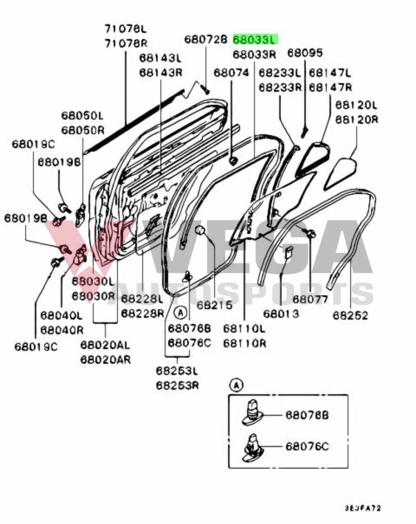 Rear Door Window Run Channel Rubber (Lhs) To Suit Mitsubishi Lancer Evolution 4 5 6 6.5 Tme / Cn9A