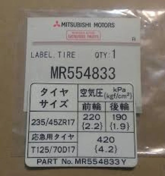 Tire Placard to suit Mitsubishi Lancer Evolution 7 / 8 / 9 MR554833 - Emblems Badges and Decals