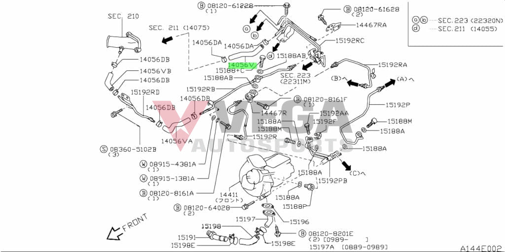 Turbo Outlet Hose Rear Intake Side to suit Nissan Skyline R32 / R33 / R34 GTR 14055-05U01 Cooling