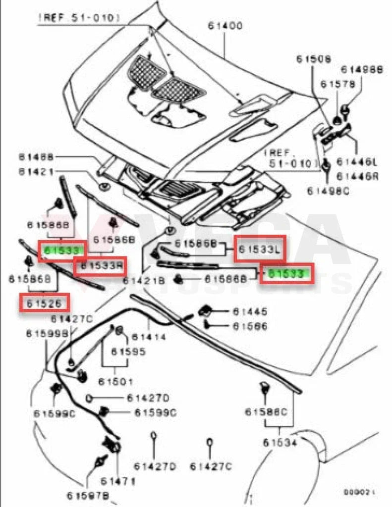 Under Bonnet Rubber Seal Set (5-Piece) To Suit Mitsubishi Lancer Evolution 7 Ct9A Exterior