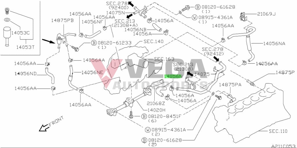 Water Hose Bypass Pipe To Engine Block Heater (Rb25) Suit Nissan Skyline R33 Gts-T 14056-21U10